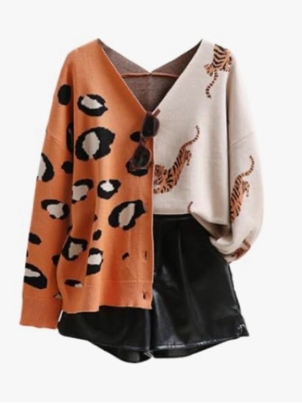 Women's Leopard Tiger Print Cardigan V Neck Long Sleeve. Button Down Sweater - Picture 3 of 3